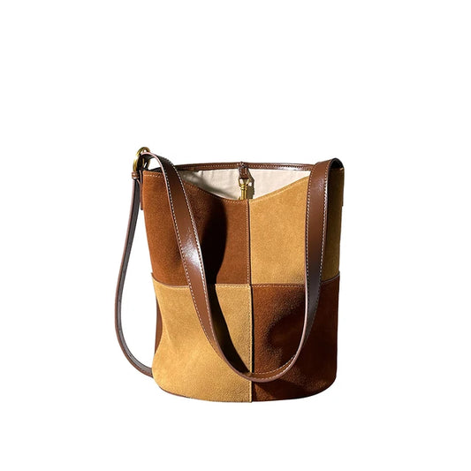 Tow-Tone Cowhide Leather Bucket Bag