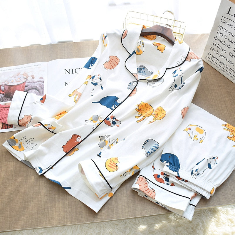 Printed Cute Cat Cotton Pajamas