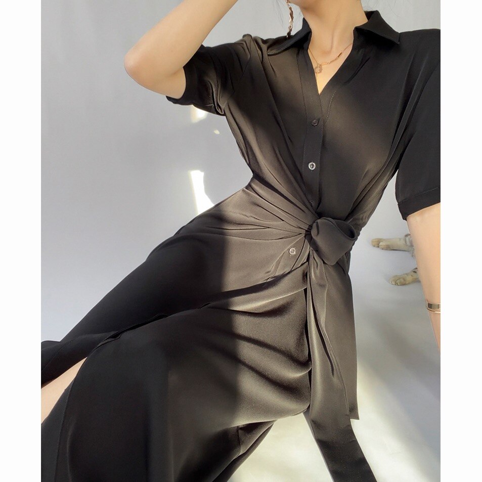 Elegant Waist-Skimming Acetate Satin Texture Midi Shirt Dress