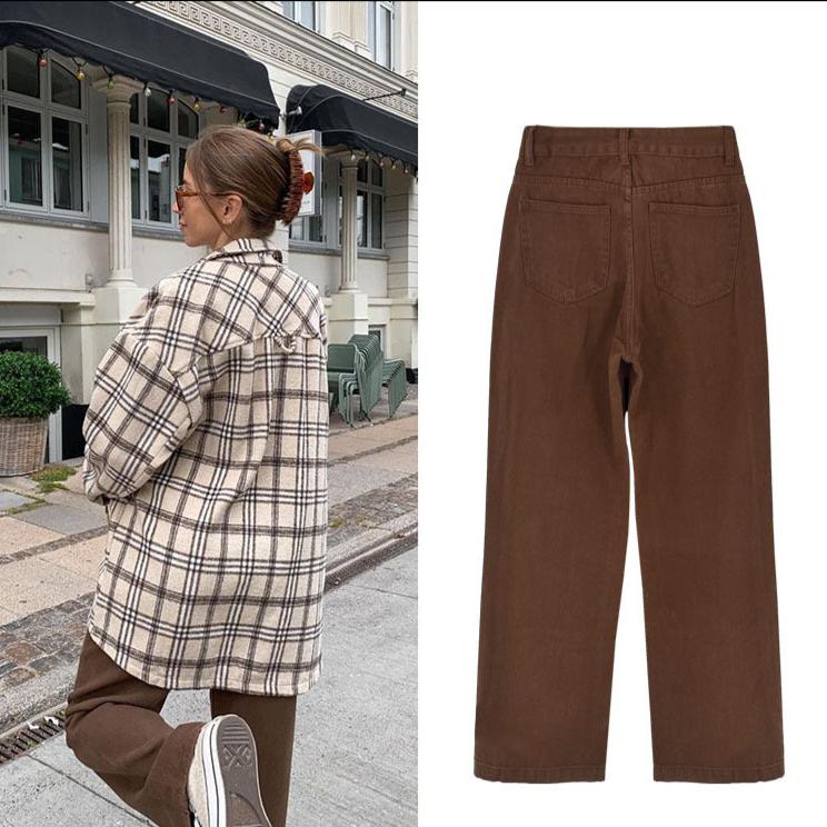 Women's High Waist Straight Loose Brown Denim Trousers