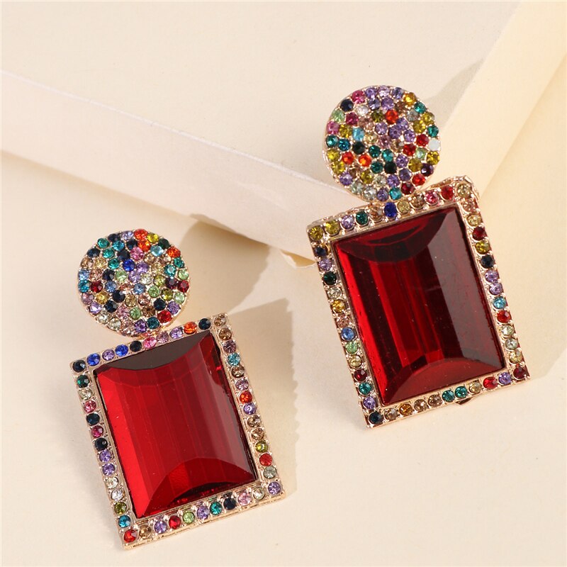 Colorful Square Rhinestone Statement Earrings