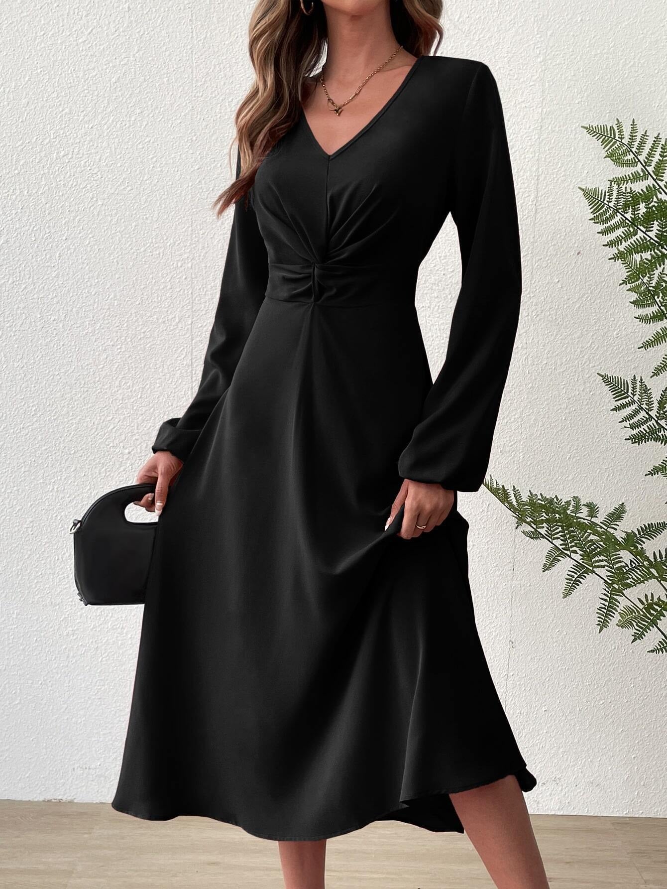 Elegant Black V Neck Midi Dress