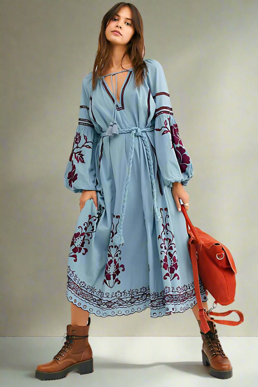 Bohemian Lantern Long Sleeve Midi Dress