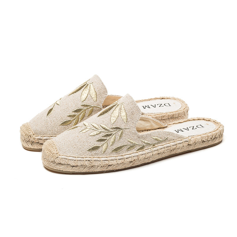 Embroidered Half Drag Straw Fisherman Shoes