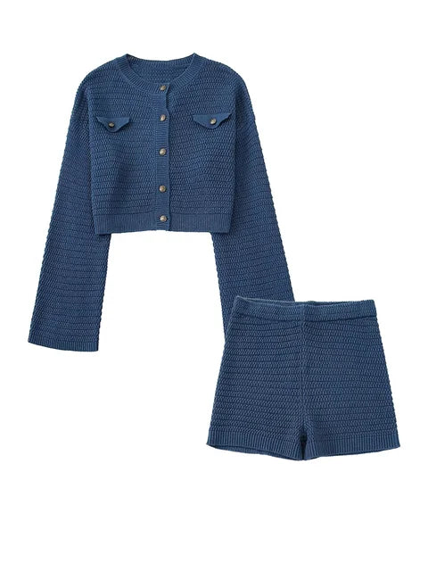 Blue Knit Crop Set & Crop Cardigan