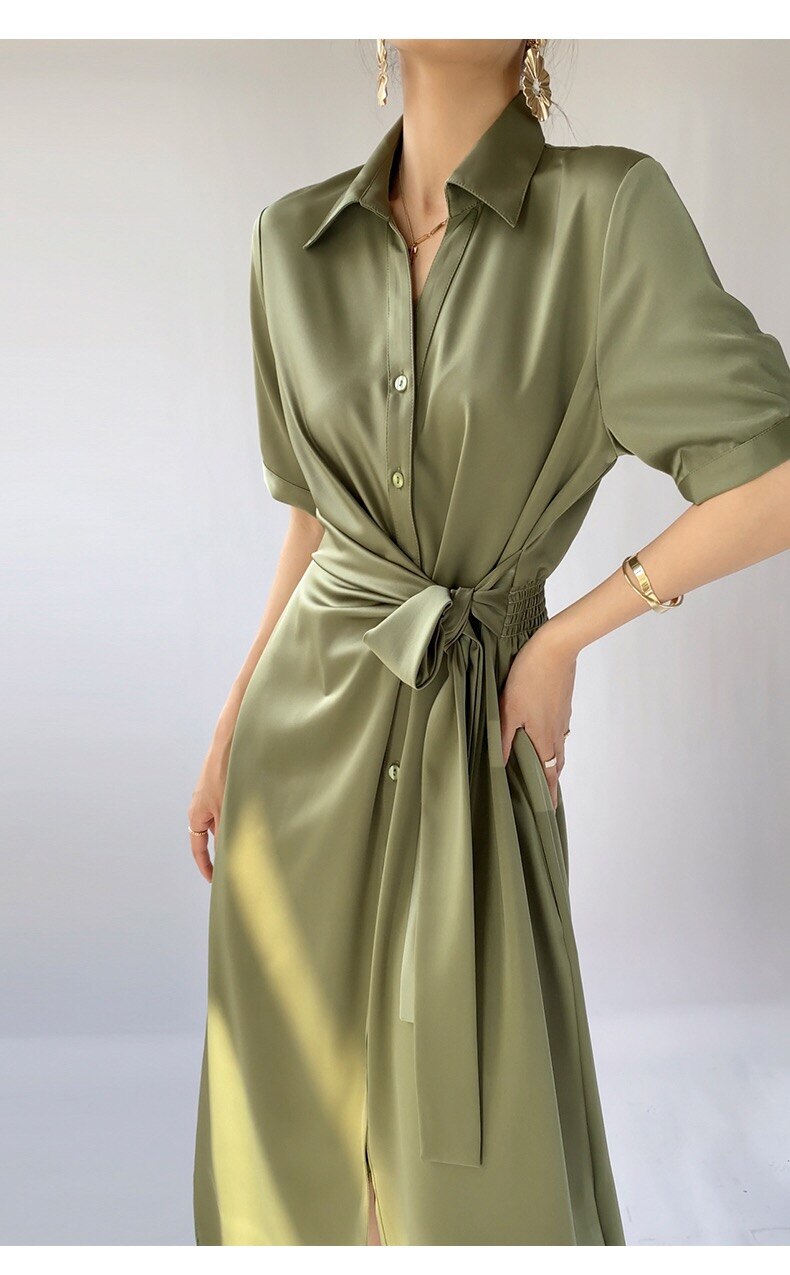 Elegant Waist-Skimming Acetate Satin Texture Midi Shirt Dress