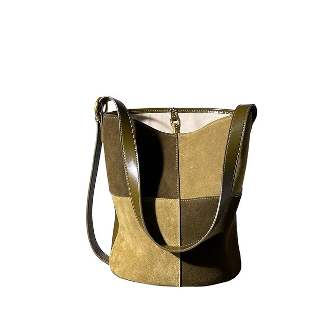 Tow-Tone Cowhide Leather Bucket Bag