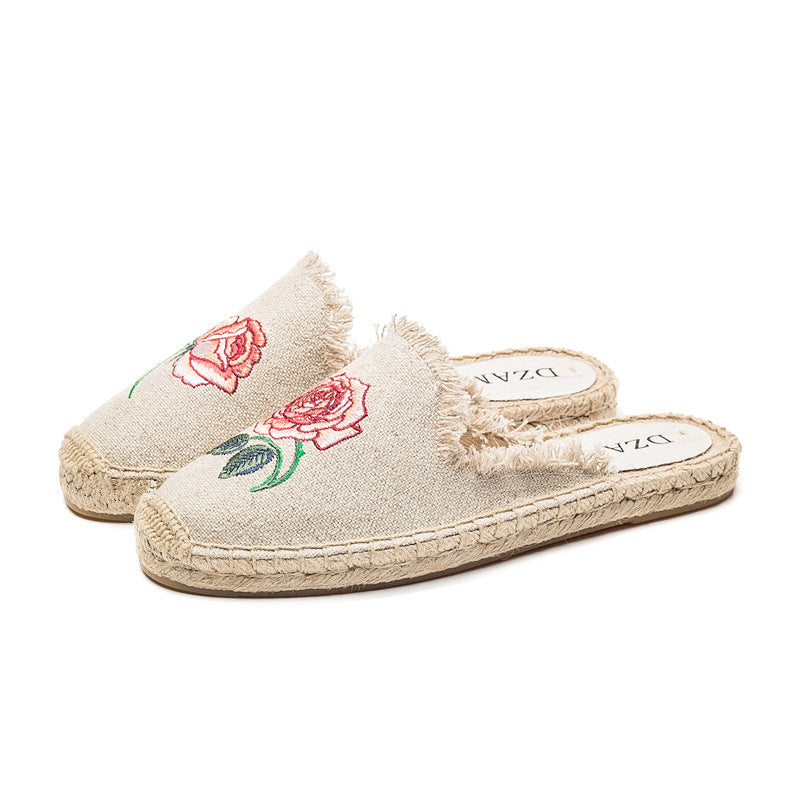 Embroidered Half Drag Straw Fisherman Shoes