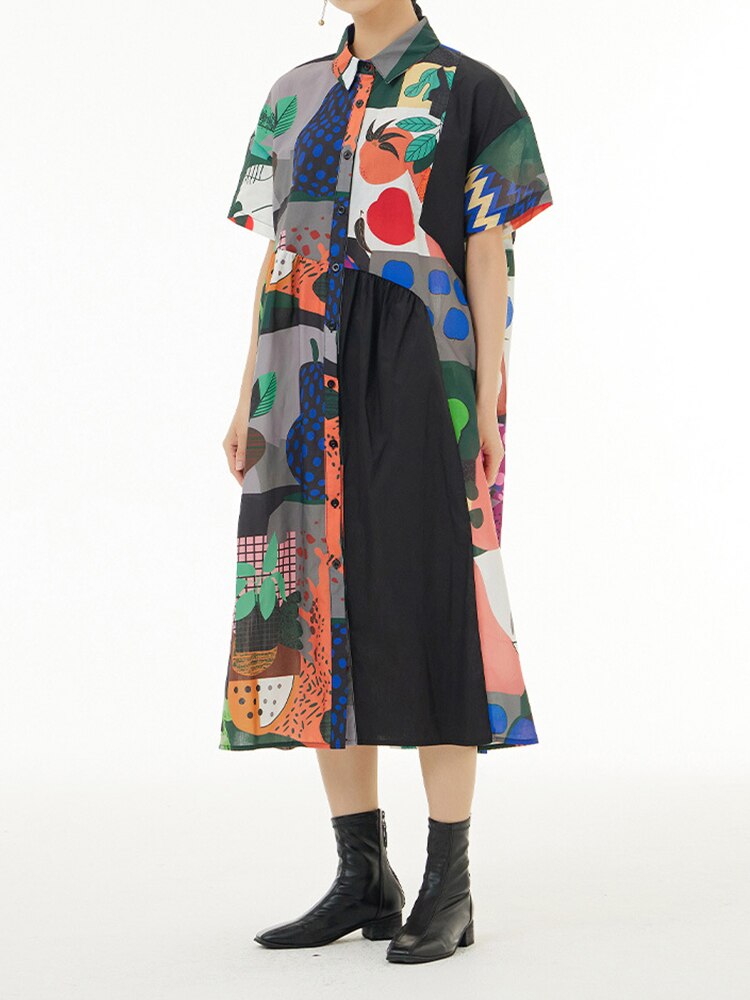 Loose Fit Patchwork Print Midi Dress