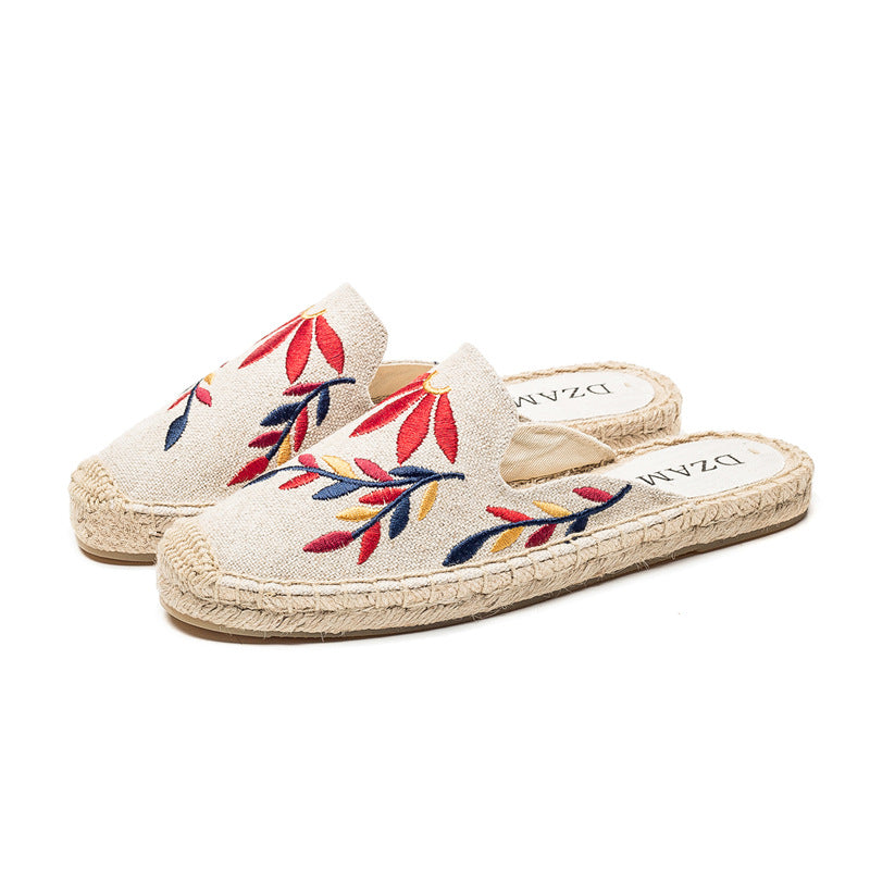 Embroidered Half Drag Straw Fisherman Shoes