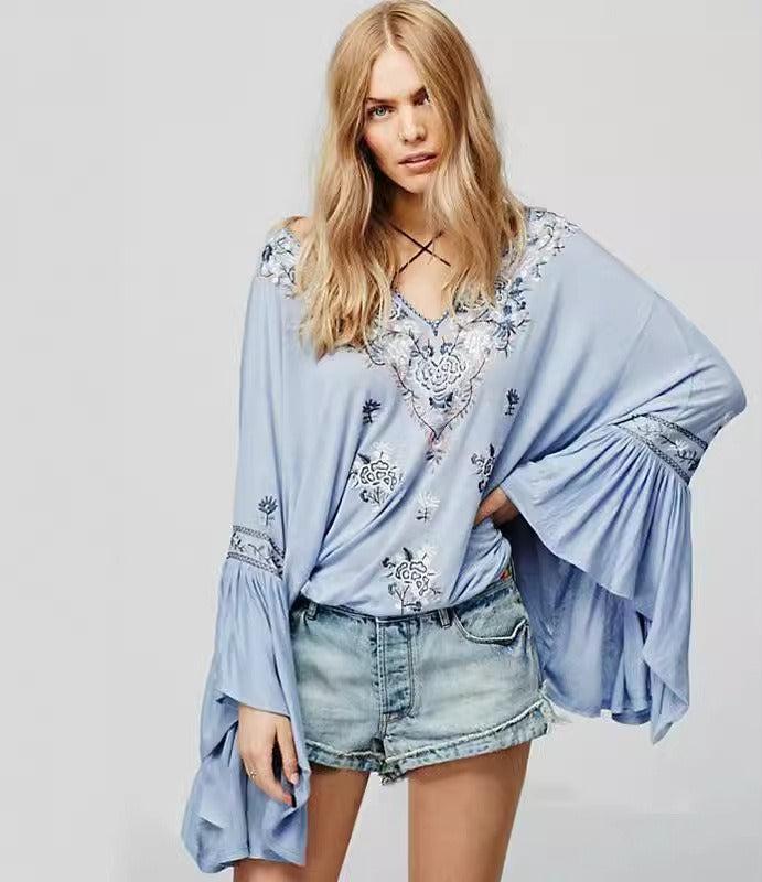 Bohemian Embroidered Flowy Cotton Top