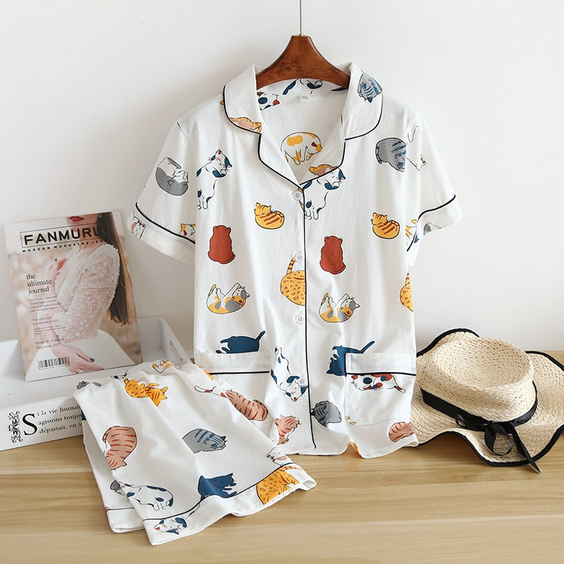 Printed Cute Cat Cotton Pajamas