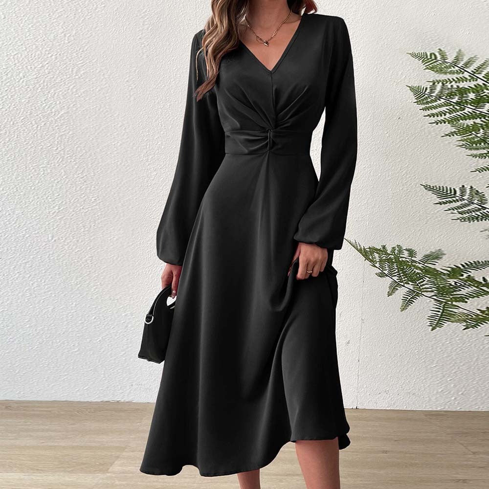 Elegant Black V Neck Midi Dress