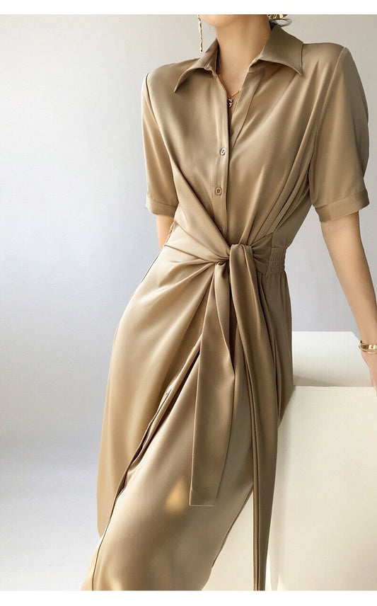 Elegant Waist-Skimming Acetate Satin Texture Midi Shirt Dress