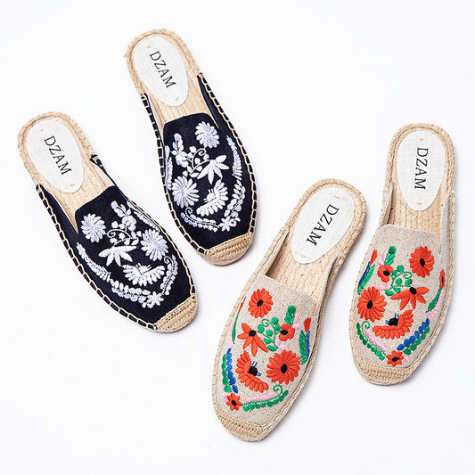 Embroidered Half Drag Straw Fisherman Shoes