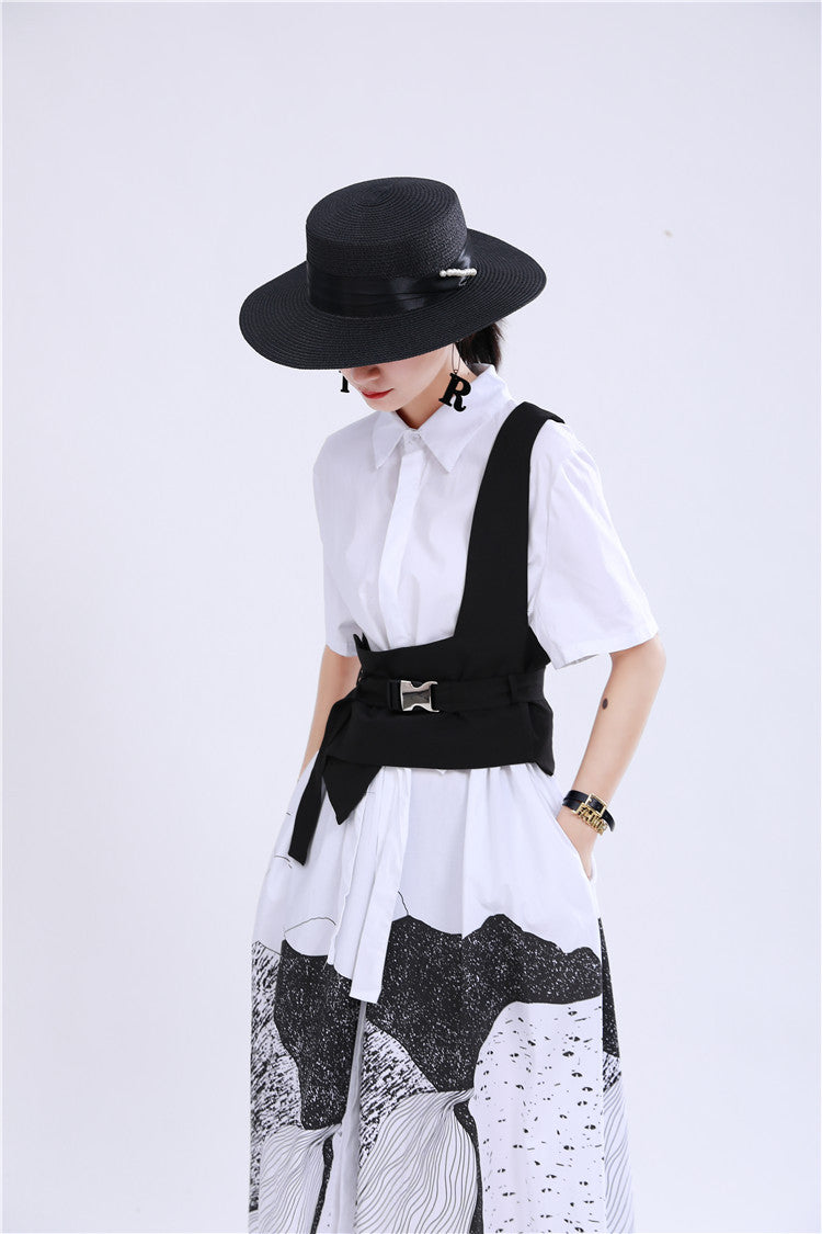 Stylish Black & White Elastic Waist Midi Dress