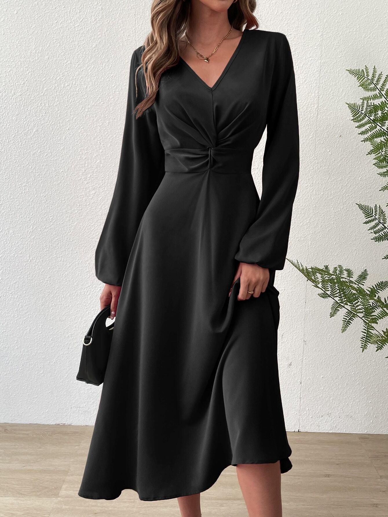 Elegant Black V Neck Midi Dress