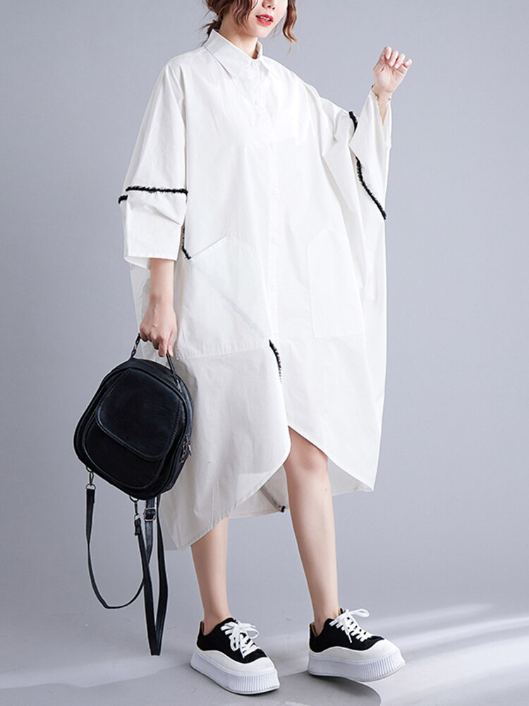 White Vintage Irregular Oversized Shirt Dresse