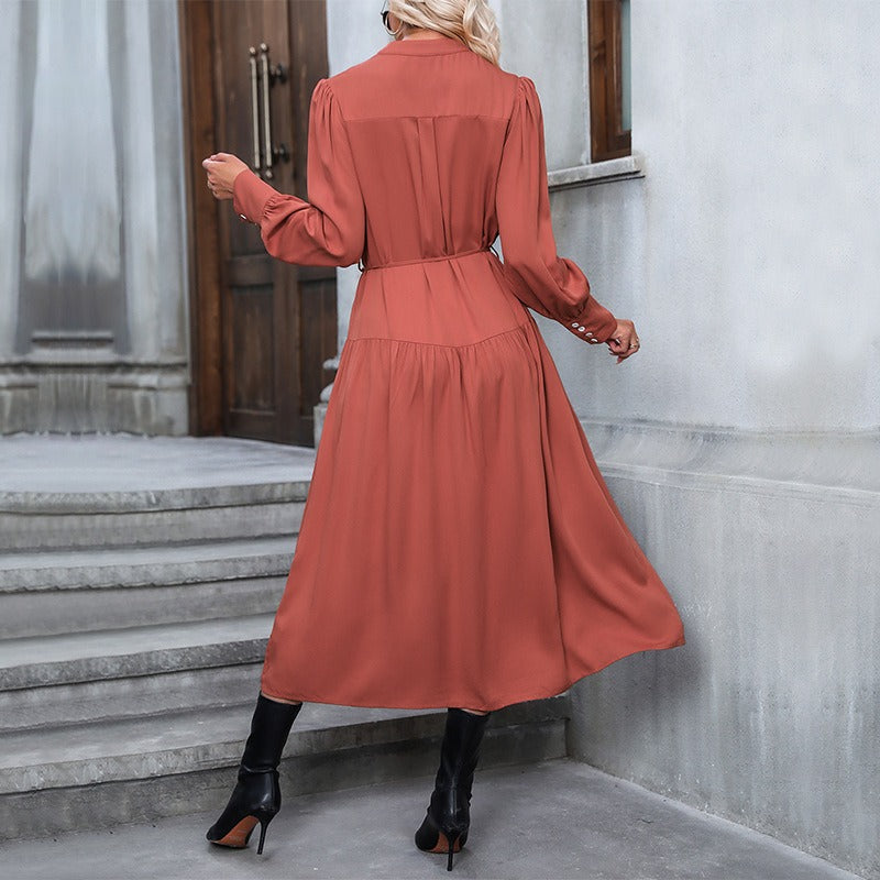 Long sleeve solid color versatile Midi Dress