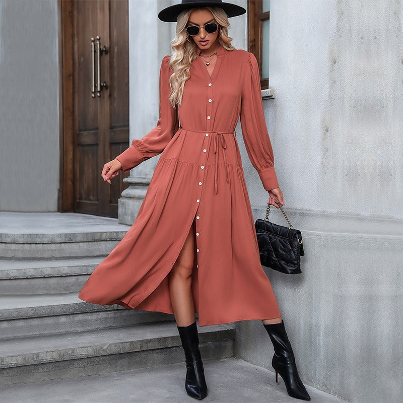 Long sleeve solid color versatile Midi Dress