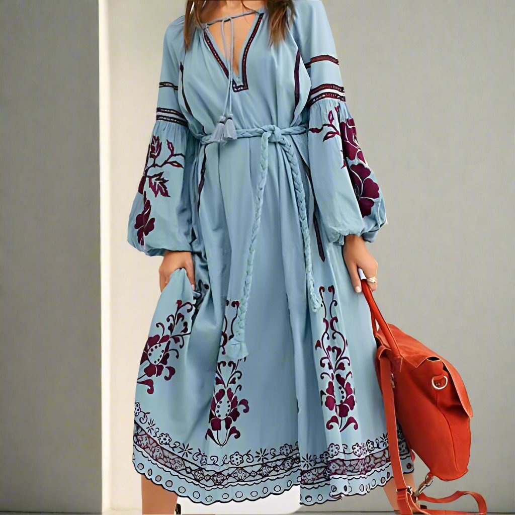 Bohemian Lantern Long Sleeve Midi Dress