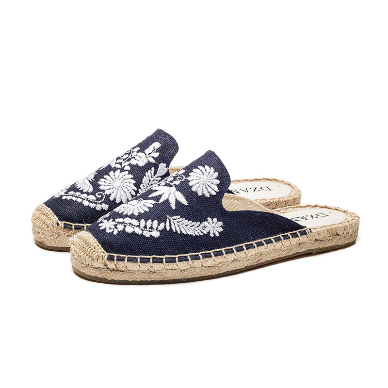 Embroidered Half Drag Straw Fisherman Shoes