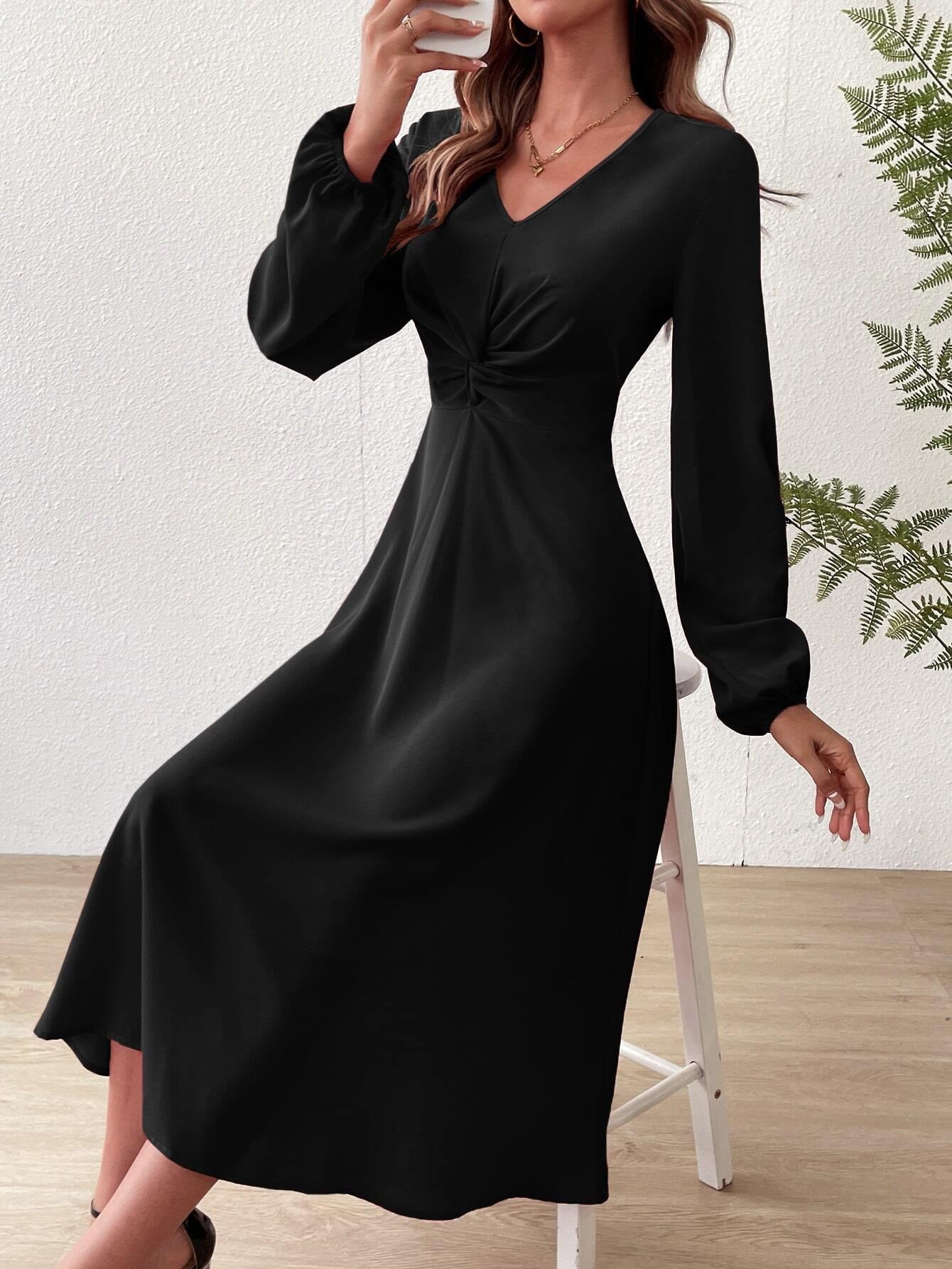 Elegant Black V Neck Midi Dress