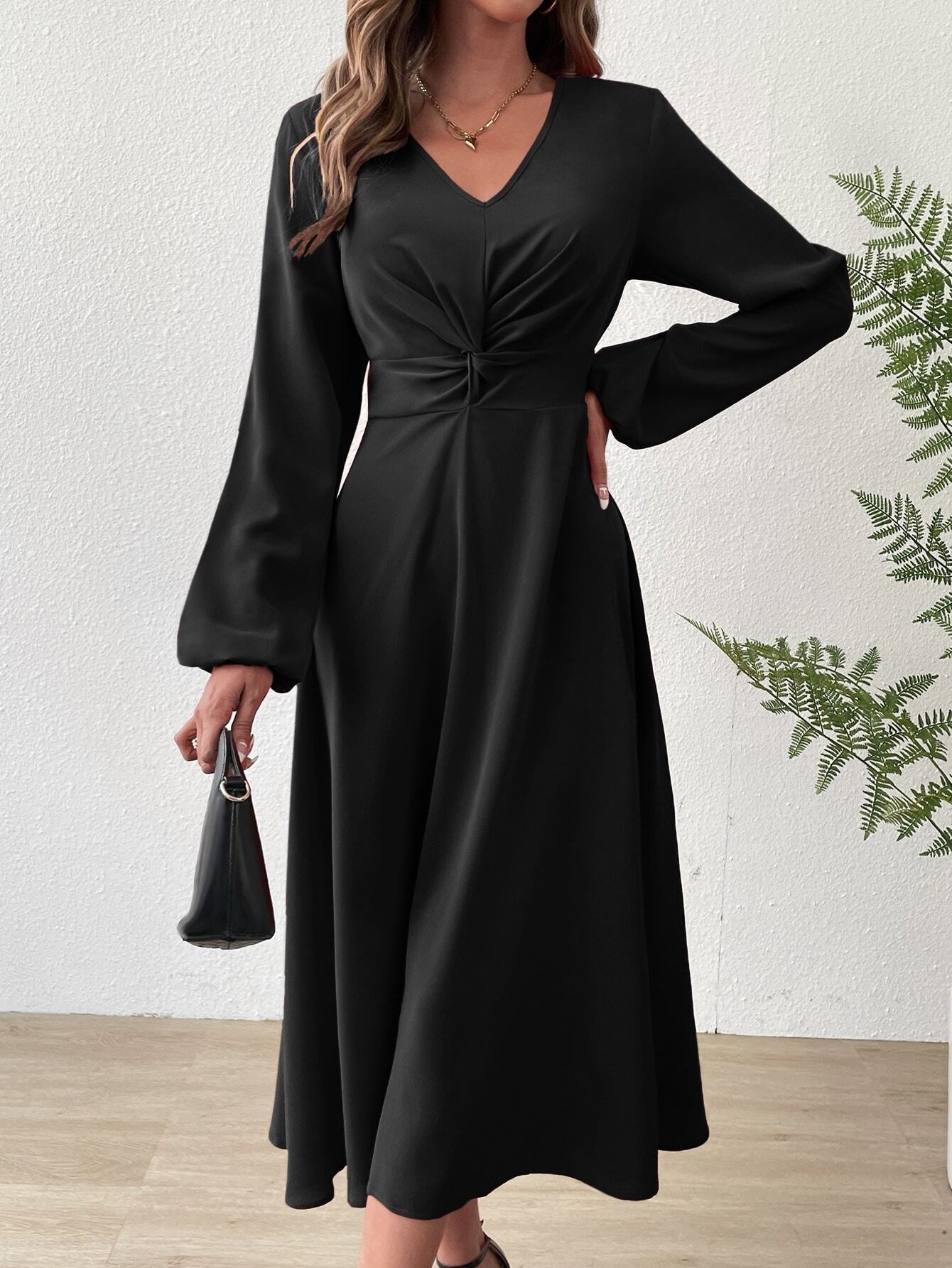 Elegant Black V Neck Midi Dress