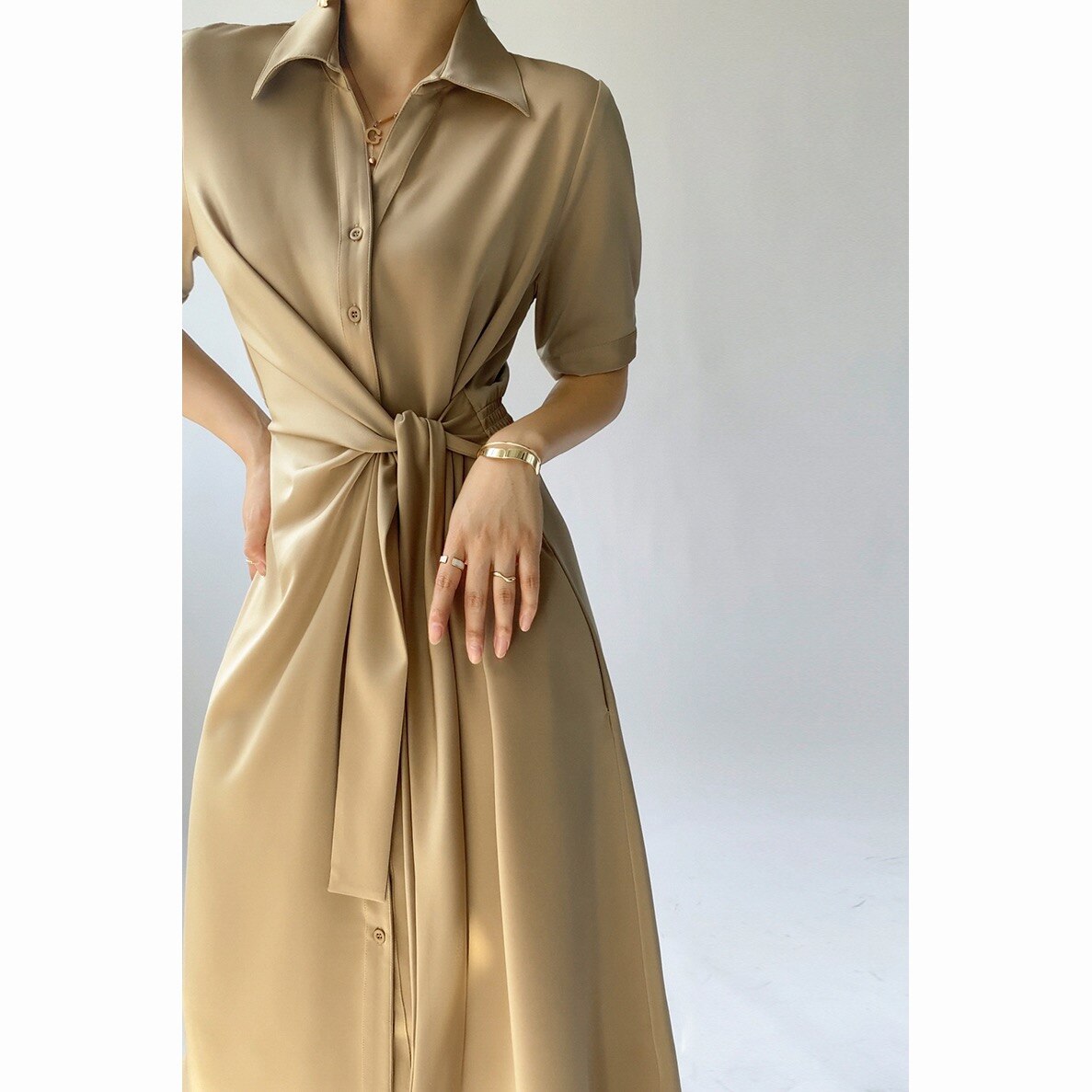 Elegant Waist-Skimming Acetate Satin Texture Midi Shirt Dress