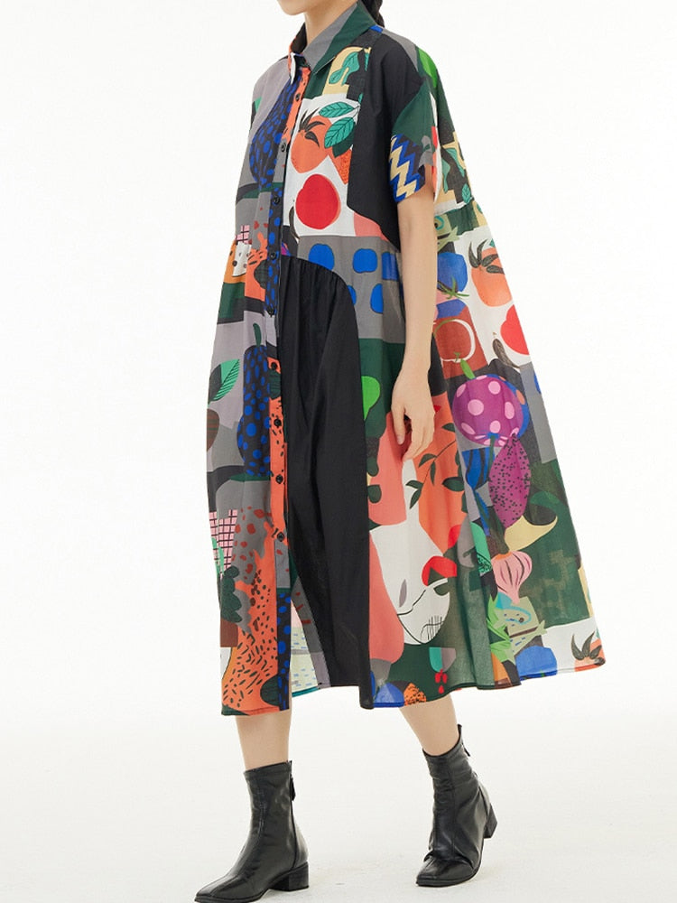 Loose Fit Patchwork Print Midi Dress