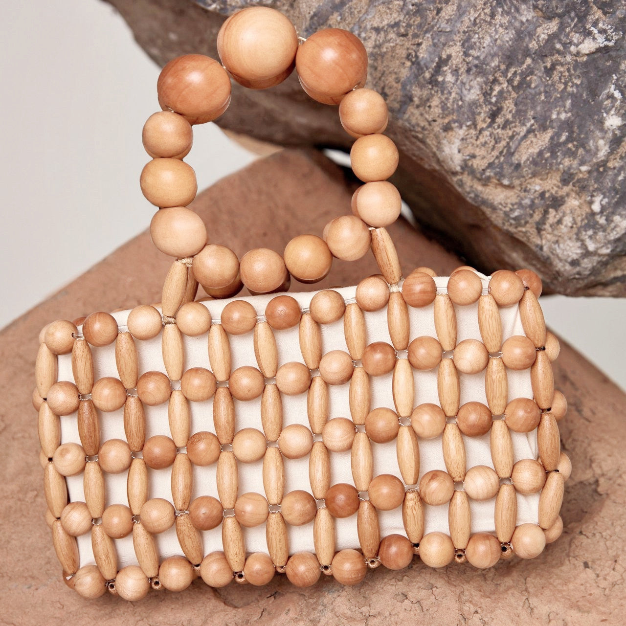 Antique & Natural Wood Beads Mini Handbag