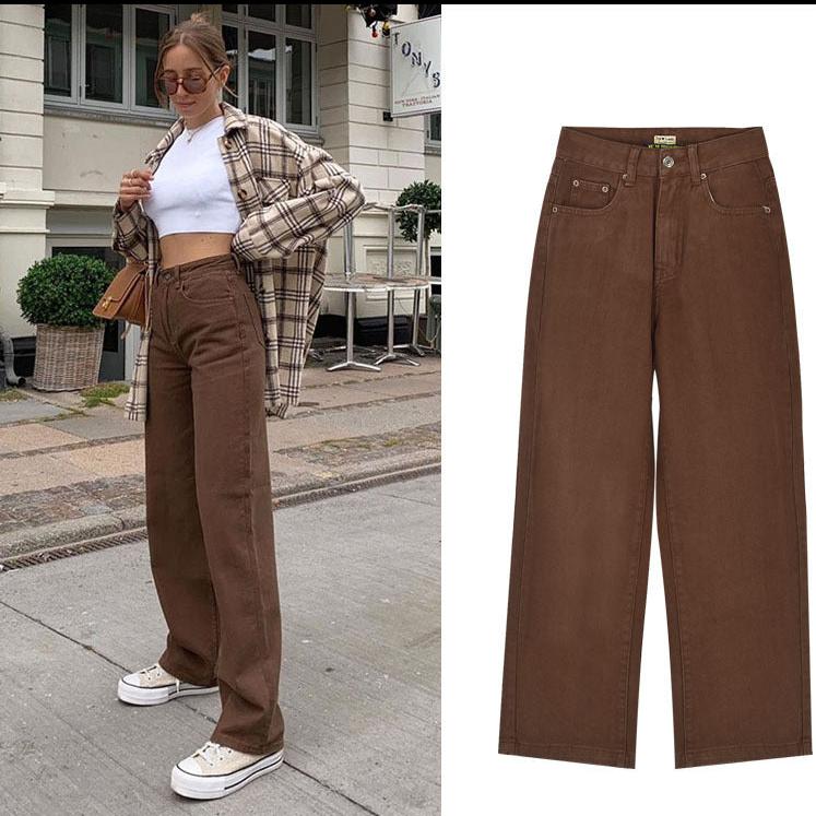 Women's High Waist Straight Loose Brown Denim Trousers