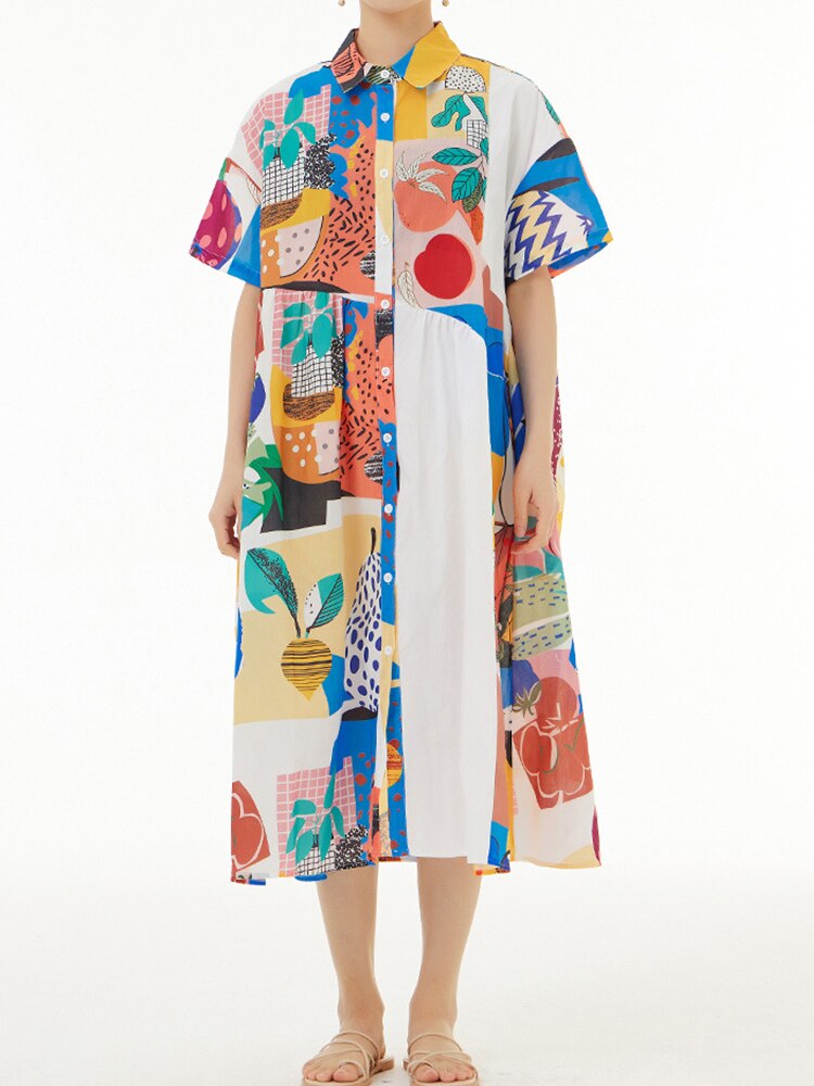 Loose Fit Patchwork Print Midi Dress