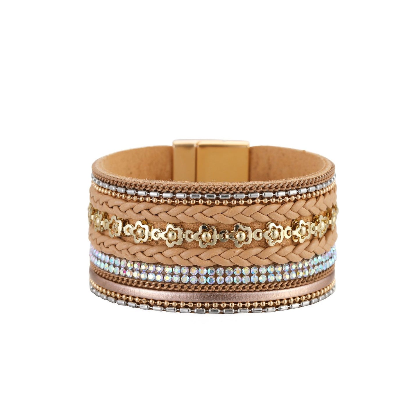 Bohemian Wide Bracelet with flower Elements & Diamonds