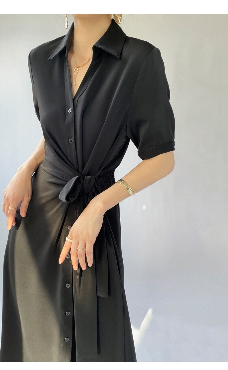 Elegant Waist-Skimming Acetate Satin Texture Midi Shirt Dress