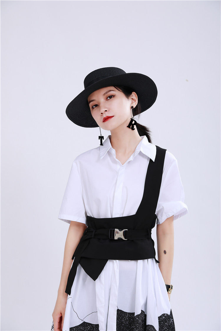 Stylish Black & White Elastic Waist Midi Dress