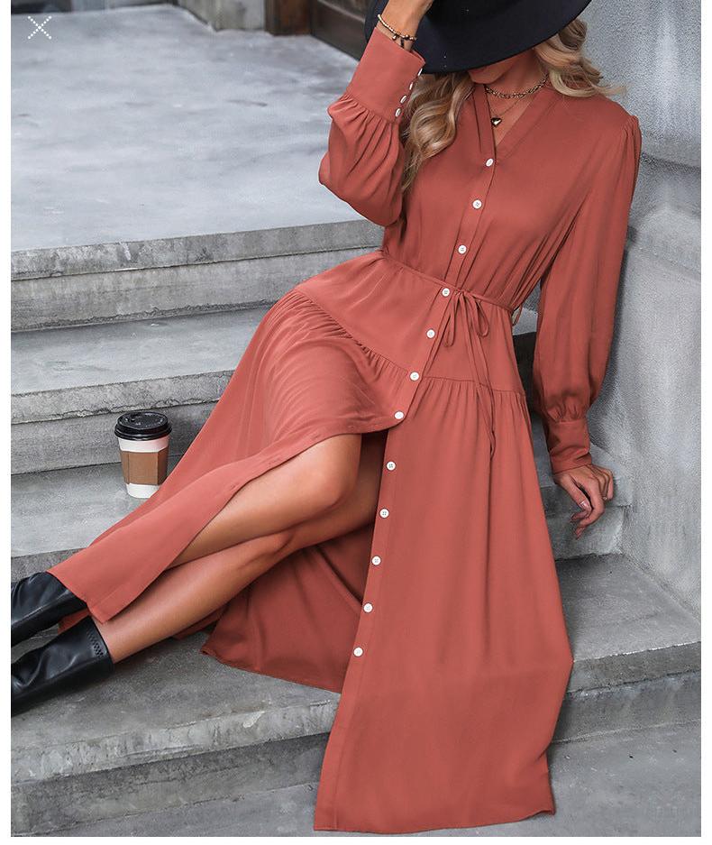 Long sleeve solid color versatile Midi Dress