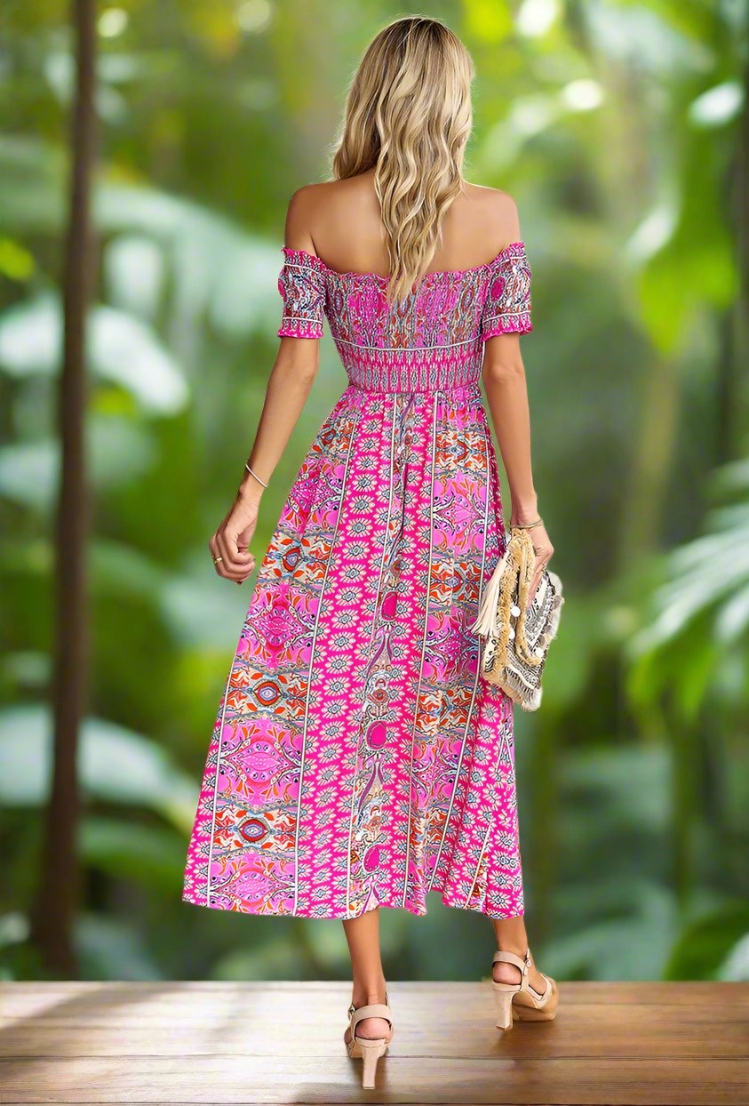 One Shoulder Bohemian Split Hem Midi Dress