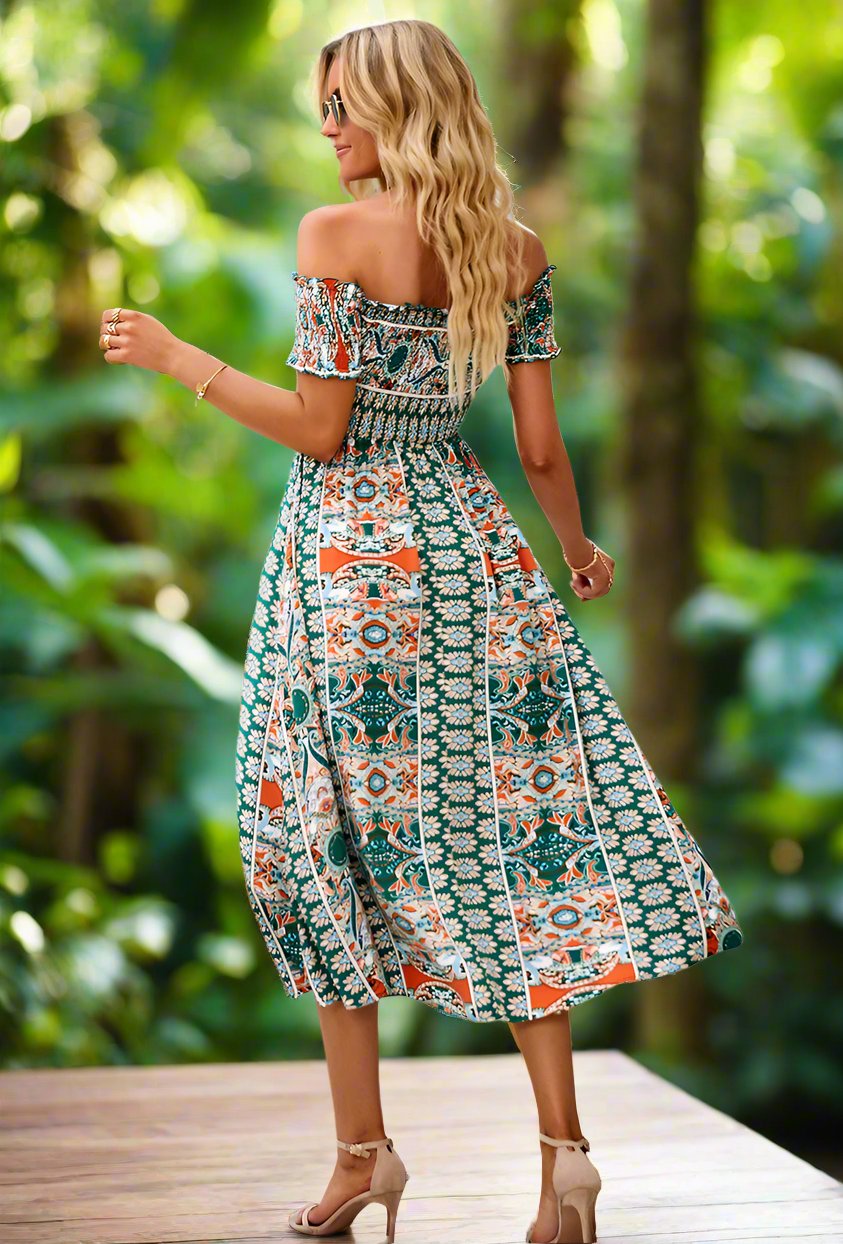 One Shoulder Bohemian Split Hem Midi Dress